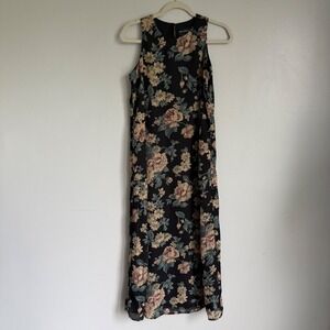Vintage Dark Academia Floral Maxi Dress Black Sleeveless Sz 5/6 Modest Church